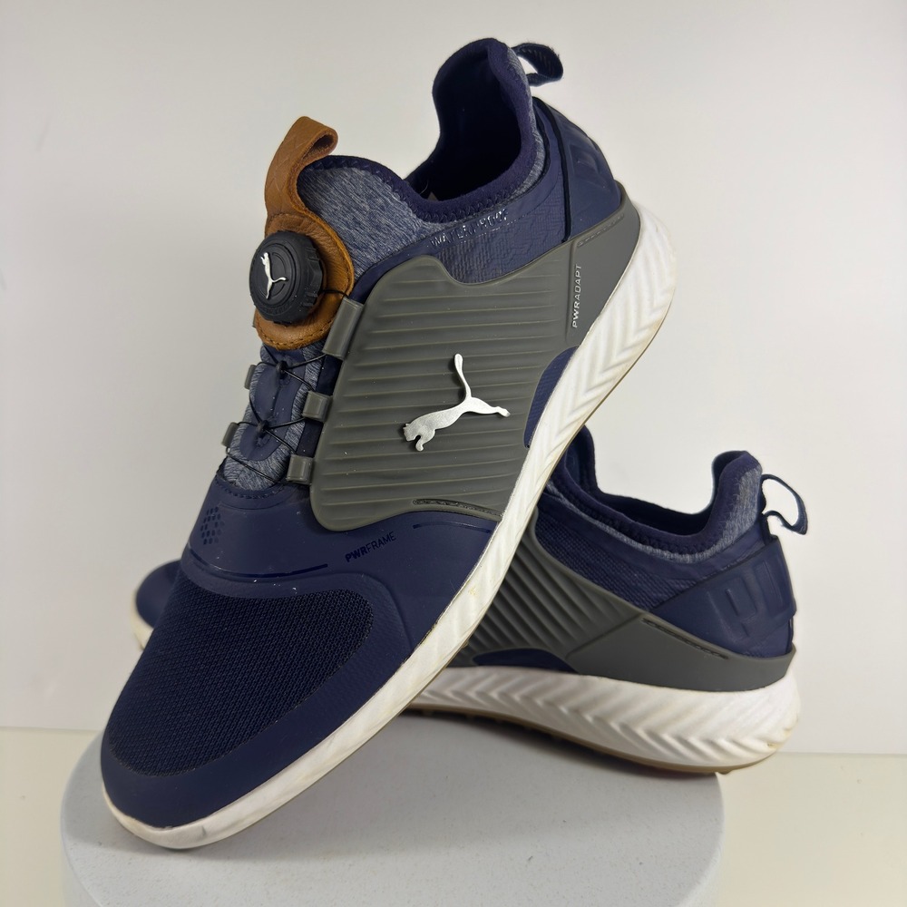 Puma Ignite PwrAdapt Caged Disc Mens Size 9.5 Golf Shoes Navy Blue Grey 192236